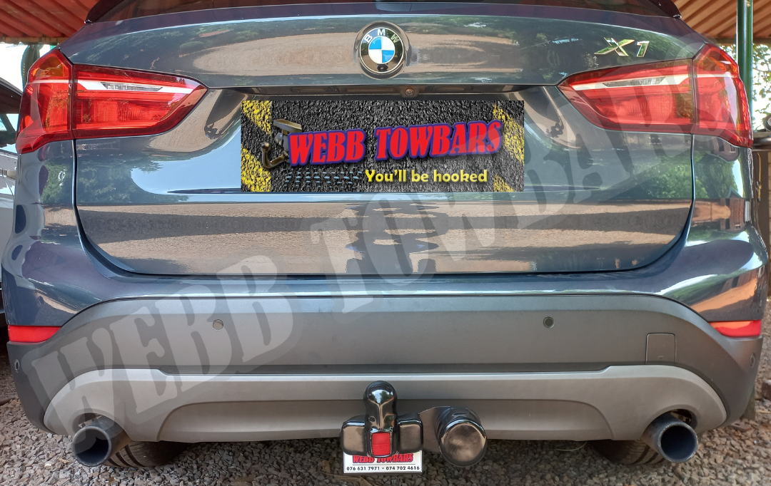 BMW X1 fitted with a standard towbar, professionally manufactured and installed by Webb Towbars in Gauteng, South Africa, ensuring secure and efficient towing.