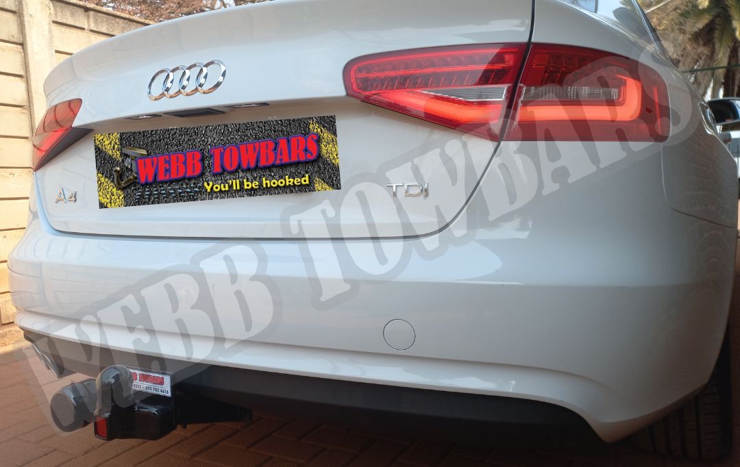 Audi A4 equipped with a standard towbar, expertly manufactured and installed by Webb Towbars in Gauteng, South Africa for reliable towing performance.