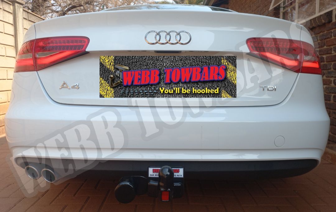 Audi A4 equipped with a standard towbar, expertly manufactured and installed by Webb Towbars in Gauteng, South Africa for reliable towing performance.