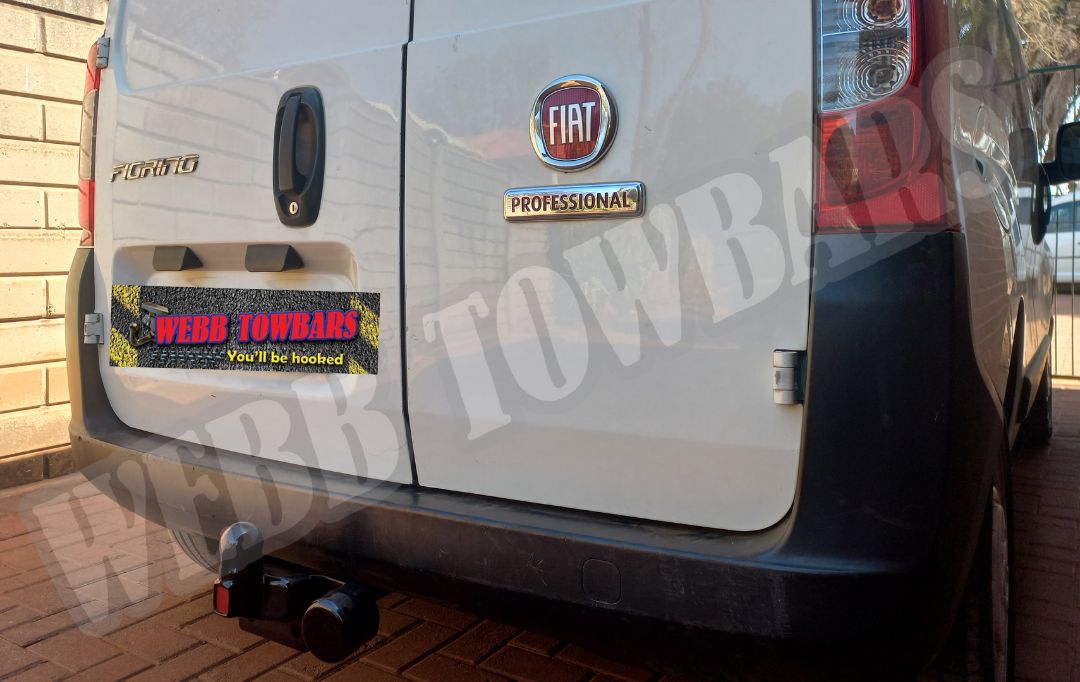 Fiat Florino equipped with a standard towbar, expertly manufactured and installed by Webb Towbars in Gauteng, South Africa, providing reliable towing capability.