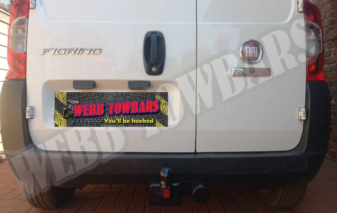 Fiat Florino equipped with a standard towbar, expertly manufactured and installed by Webb Towbars in Gauteng, South Africa, providing reliable towing capability.