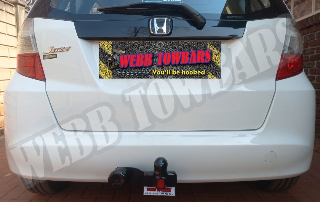 Honda Jazz fitted with a standard towbar, manufactured and installed by Webb Towbars in Gauteng, South Africa for reliable towing performance.