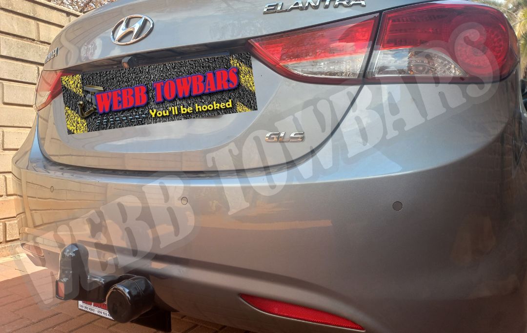 Hyundai Elantra equipped with a standard towbar by Webb Towbars, manufactured and fitted in Gauteng, South Africa for secure towing.