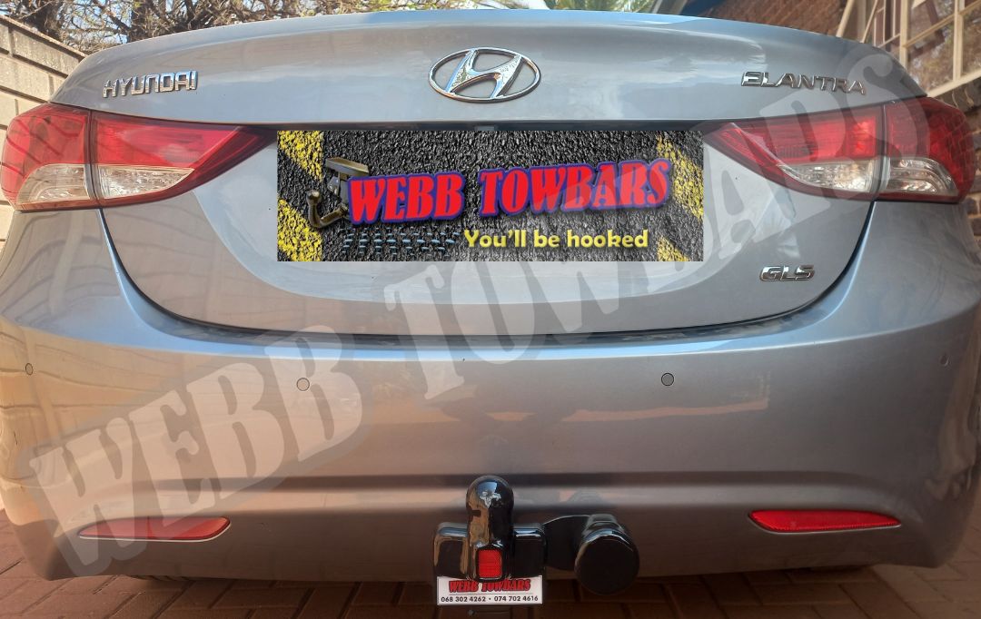 Hyundai Elantra equipped with a standard towbar by Webb Towbars, manufactured and fitted in Gauteng, South Africa for secure towing.