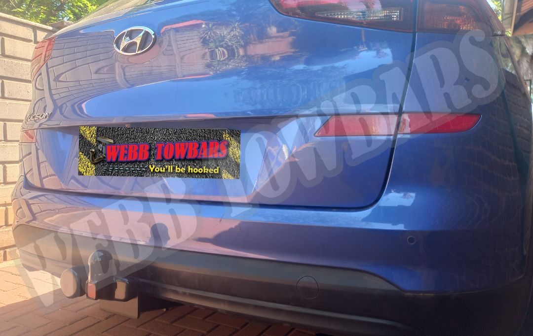 Hyundai Tucson with a standard towbar, manufactured and fitted by Webb Towbars in Gauteng, South Africa, offering dependable towing performance.