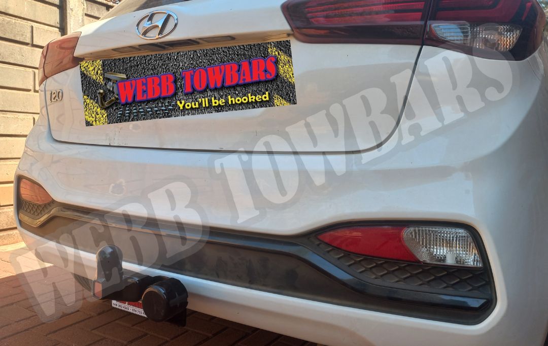 Hyundai i20 with a standard towbar, expertly manufactured and fitted by Webb Towbars in Gauteng, South Africa for dependable towing solutions.