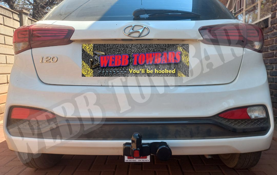 Hyundai i20 with a standard towbar, expertly manufactured and fitted by Webb Towbars in Gauteng, South Africa for dependable towing solutions.