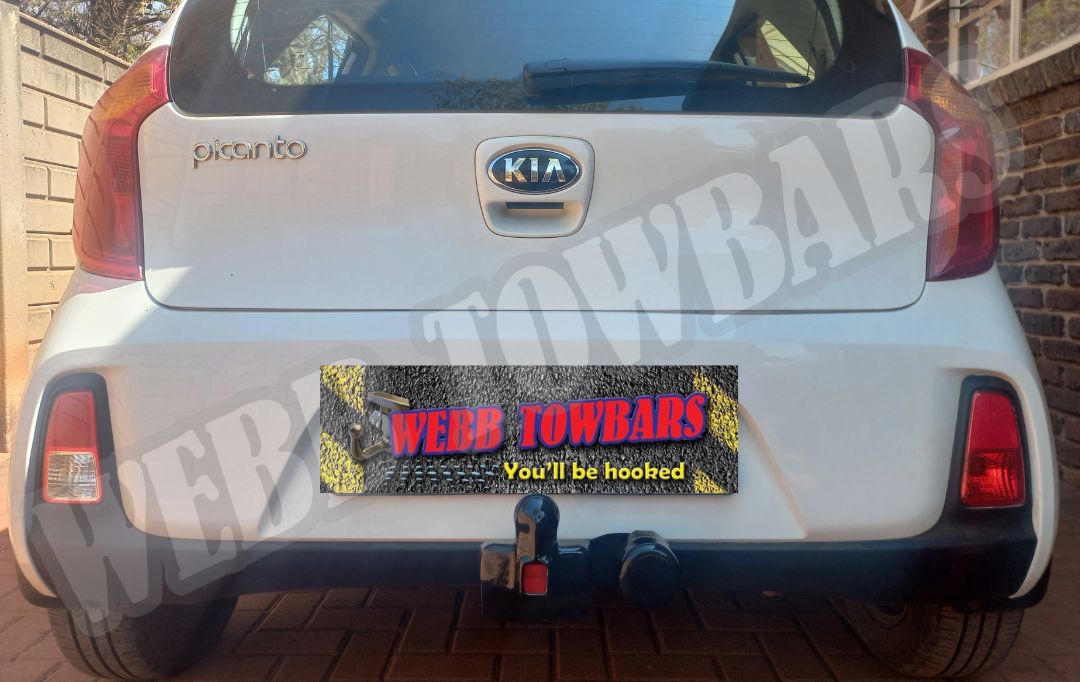 Kia Picanto equipped with a standard towbar, expertly manufactured and fitted by Webb Towbars in Gauteng, South Africa for reliable towing performance.