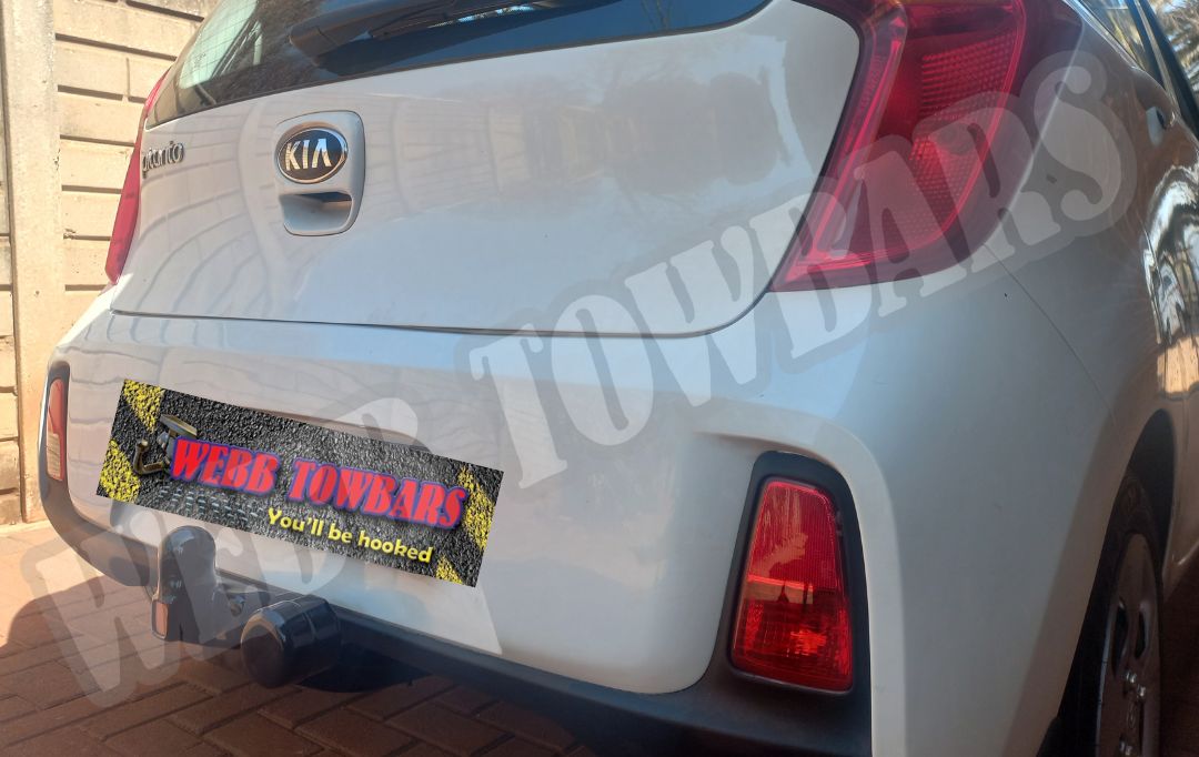 Kia Picanto equipped with a standard towbar, expertly manufactured and fitted by Webb Towbars in Gauteng, South Africa for reliable towing performance.