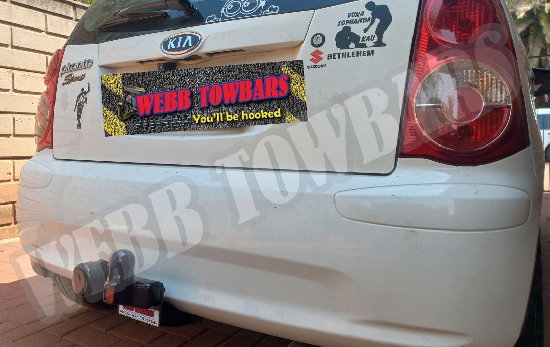 Kia Picanto with a standard towbar, expertly manufactured and fitted by Webb Towbars in Gauteng, South Africa, for dependable towing solutions.