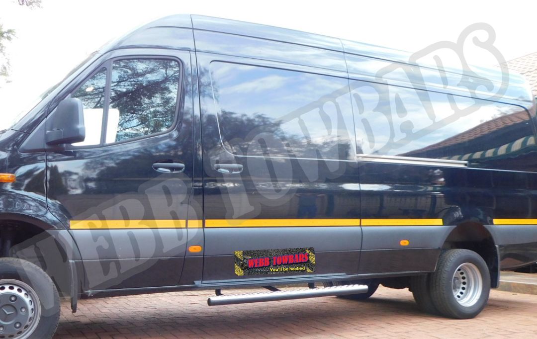 Mercedes Benz Sprinter featuring a sleek Standard Side Step, expertly crafted and installed by Webb Towbars in Gauteng, South Africa for enhanced convenience and style.