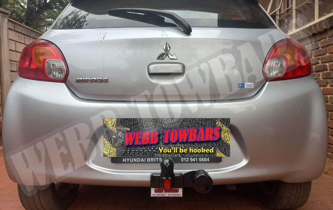 Mitsubishi Mirage with standard towbar, expertly manufactured and fitted by Webb Towbars in Gauteng, South Africa for reliable towing solutions.