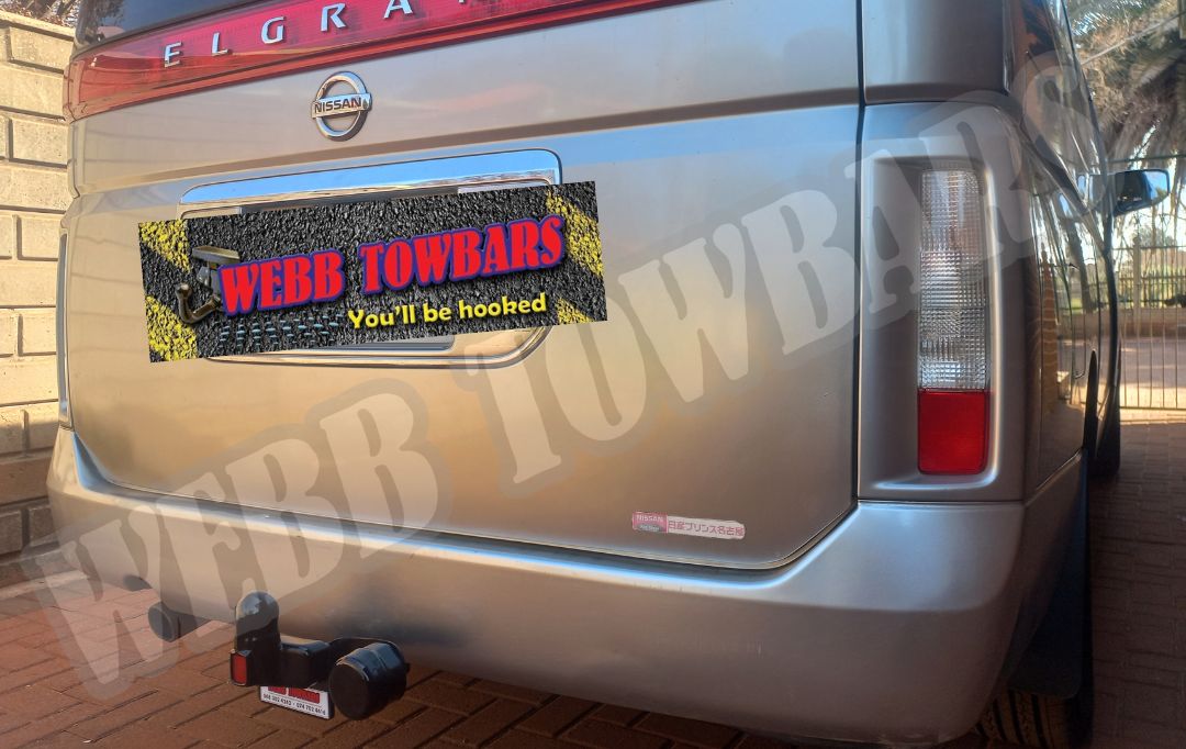 Nissan Elgrand fitted with a standard towbar, expertly manufactured and installed by Webb Towbars in Gauteng, South Africa for reliable towing performance.