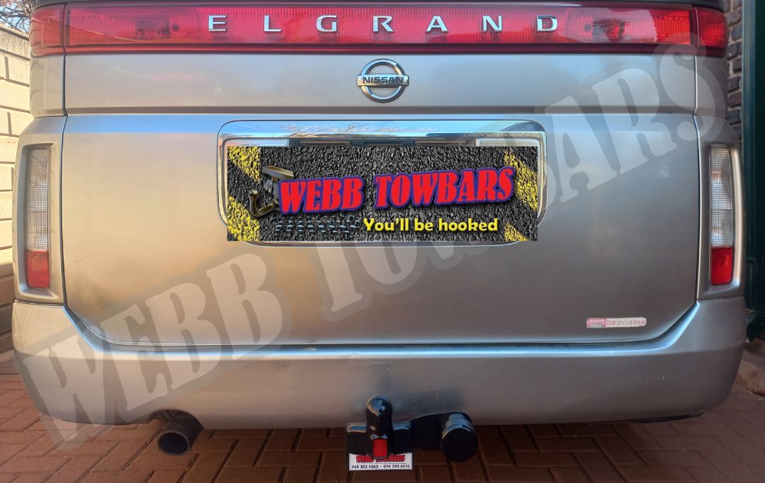 Nissan Elgrand fitted with a standard towbar, expertly manufactured and installed by Webb Towbars in Gauteng, South Africa for reliable towing performance.