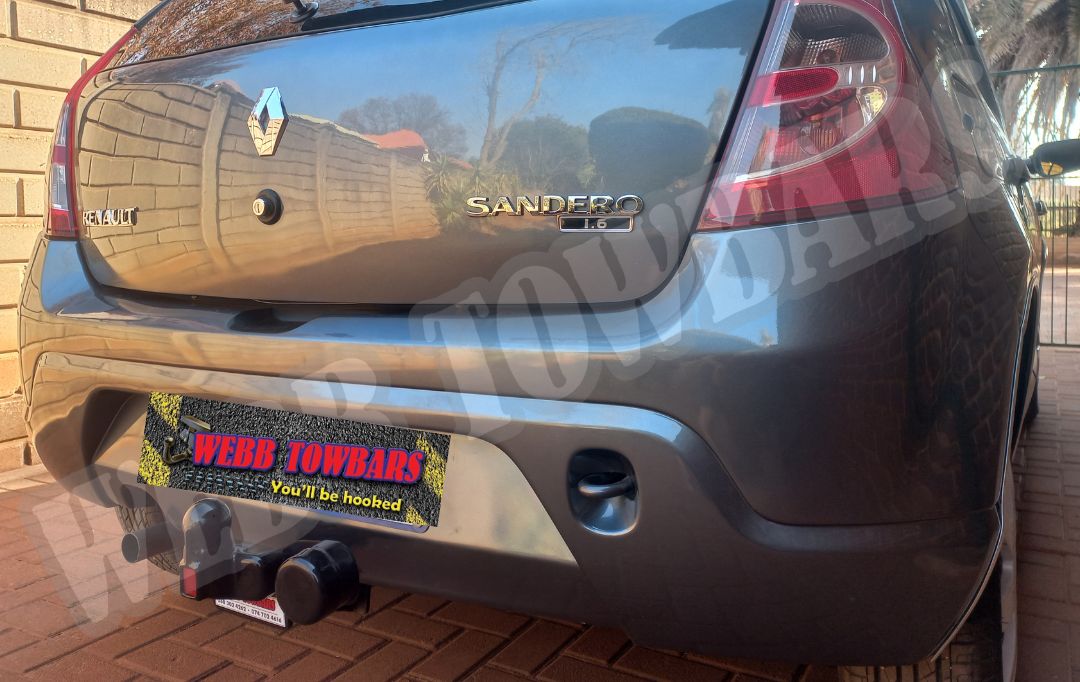 Renault Sandero with a standard towbar, professionally manufactured and installed by Webb Towbars in Gauteng, South Africa for dependable towing capability.