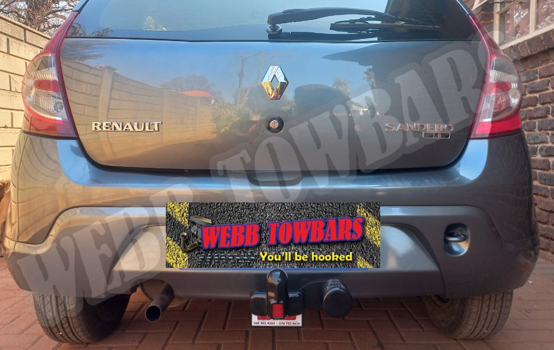 Renault Sandero with a standard towbar, professionally manufactured and installed by Webb Towbars in Gauteng, South Africa for dependable towing capability.