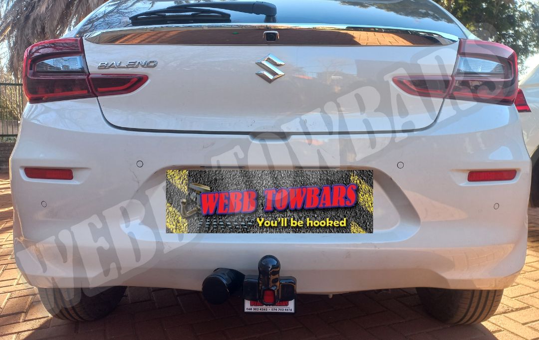 Suzuki Baleno with standard towbar, manufactured and fitted by Webb Towbars in Gauteng, South Africa, for efficient and safe towing solutions.