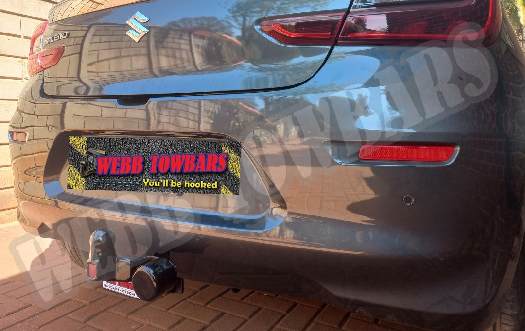 Suzuki Baleno with standard towbar, professionally manufactured and fitted by Webb Towbars in Gauteng, South Africa for dependable towing solutions.