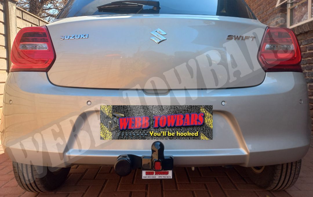 Suzuki Swift featuring a Standard Towbar, manufactured and fitted by Webb Towbars in Gauteng, South Africa, ensuring reliable towing performance.