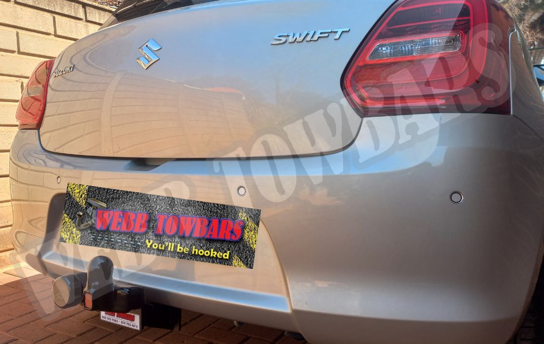 Suzuki Swift featuring a Standard Towbar, manufactured and fitted by Webb Towbars in Gauteng, South Africa, ensuring reliable towing performance.