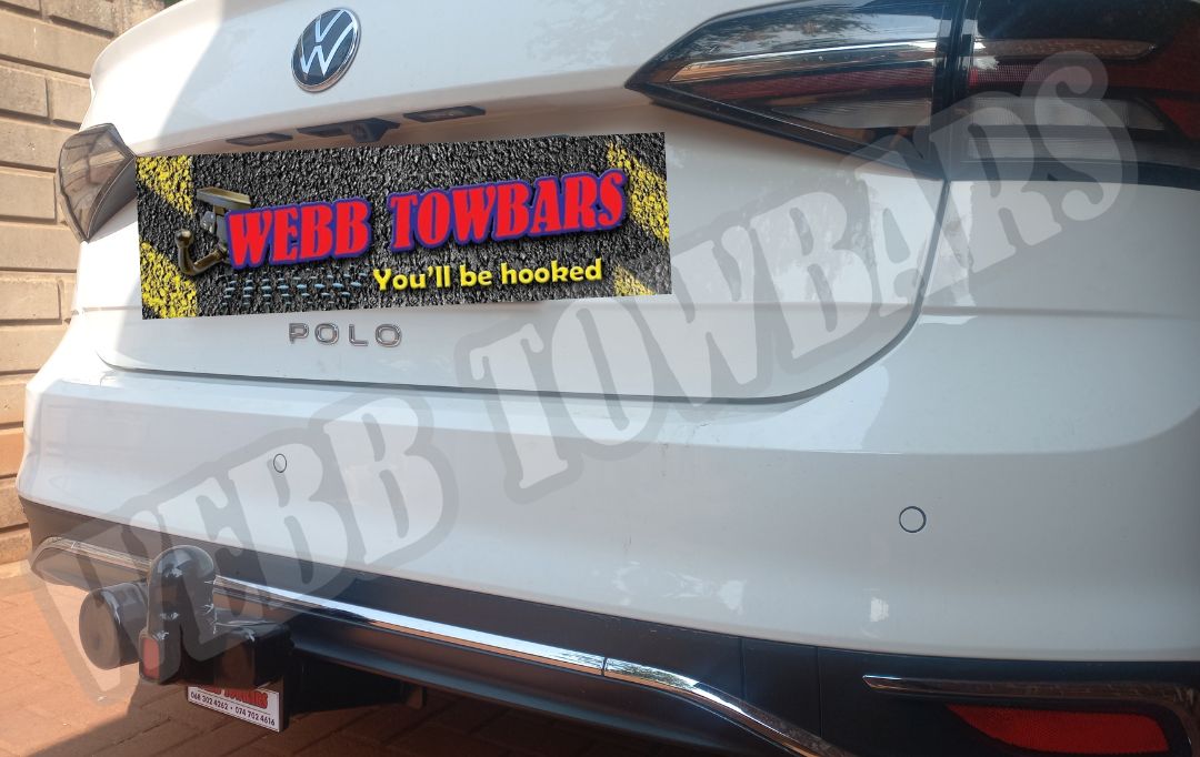 Volkswagen Polo Sedan equipped with a standard towbar, expertly manufactured and fitted by Webb Towbars in Gauteng, South Africa, ensuring reliable towing capability.