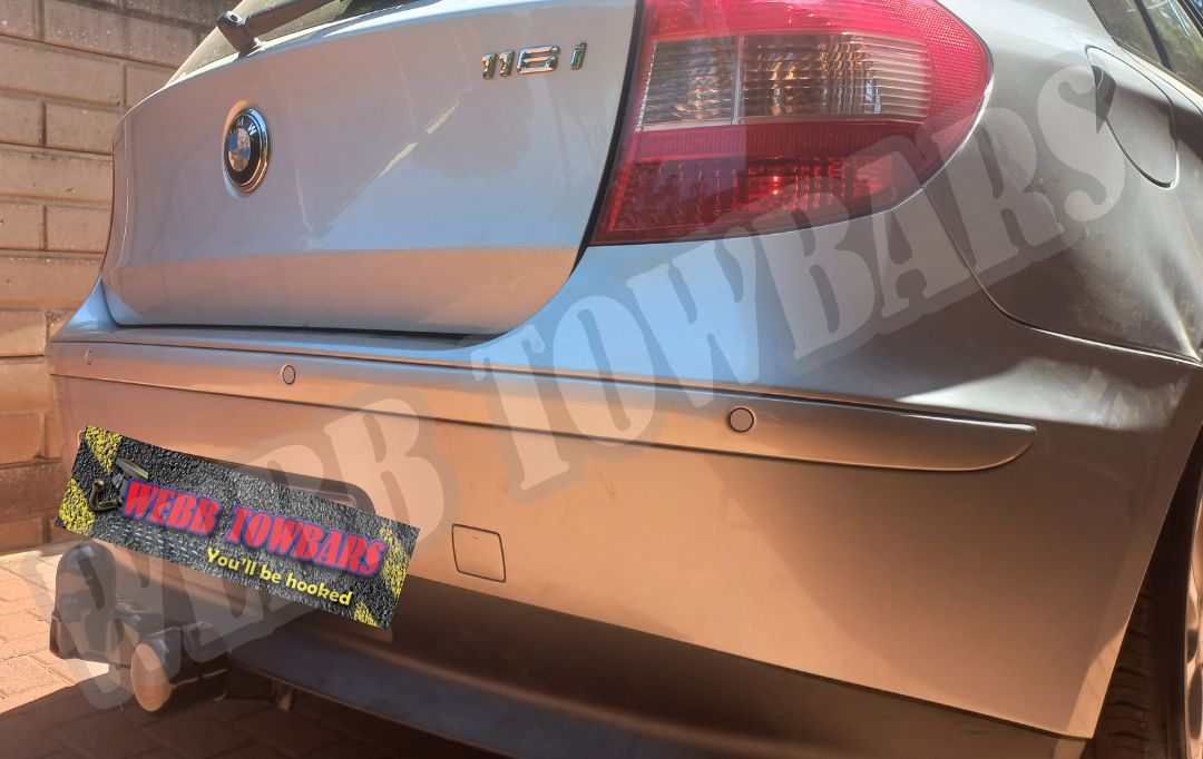 BMW 1 Series 116i equipped with a standard towbar, expertly manufactured and fitted by Webb Towbars in Gauteng, South Africa for enhanced towing performance.