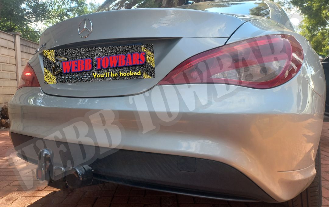 Mercedes Benz CLA200 fitted with a standard towbar, expertly manufactured and installed by Webb Towbars in Gauteng, South Africa, ensuring reliable towing performance.