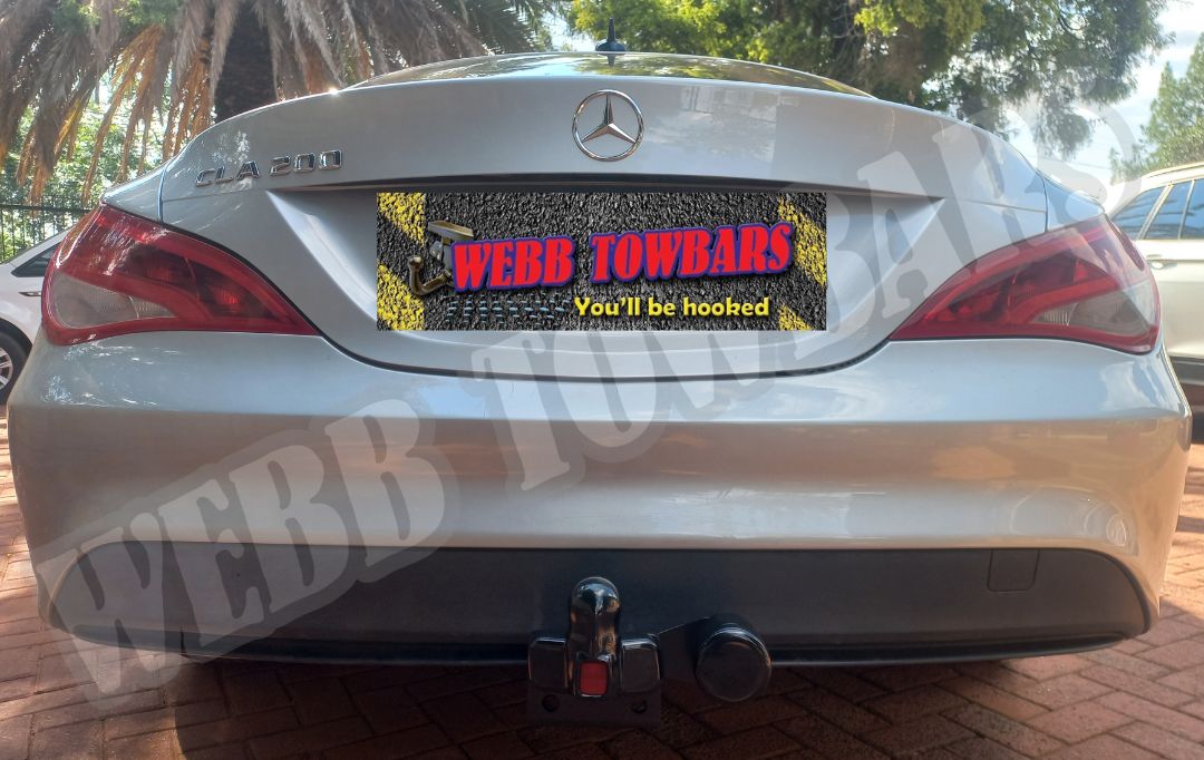 Mercedes Benz CLA200 fitted with a standard towbar, expertly manufactured and installed by Webb Towbars in Gauteng, South Africa, ensuring reliable towing performance.