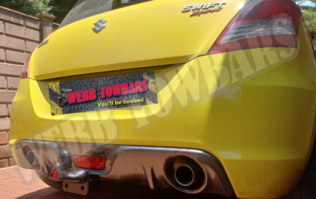 Suzuki Swift Sport detachable towbar, manufactured and fitted by Webb Towbars in Gauteng, South Africa, designed for versatility and enhanced towing capabilities.