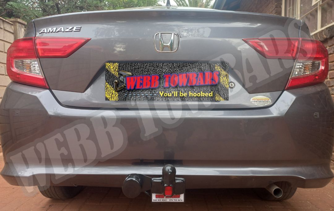 Honda Amaze standard towbar, crafted and installed by Webb Towbars in Gauteng, South Africa, ensuring reliable towing functionality.