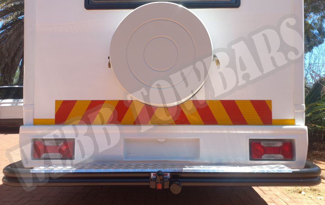 Iveco Daily Travelstar Motorhome wrap-around double tube and step towbar, expertly manufactured and fitted by Webb Towbars in Gauteng, South Africa for enhanced towing functionality.