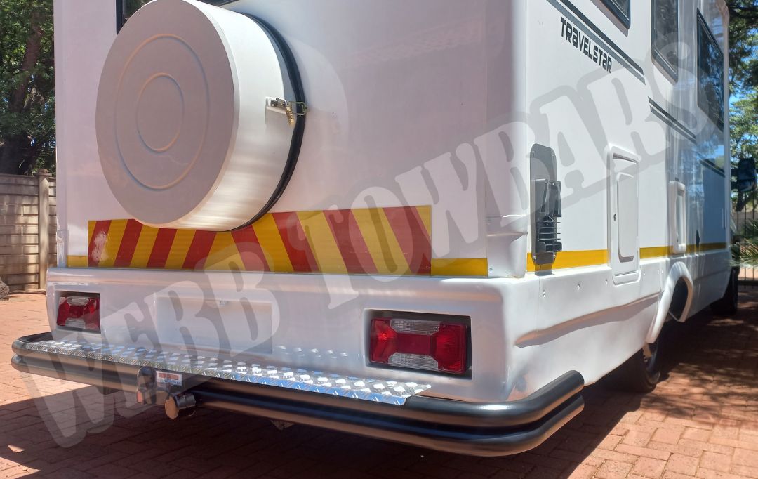 Iveco Daily Travelstar Motorhome wrap-around double tube and step towbar, expertly manufactured and fitted by Webb Towbars in Gauteng, South Africa for enhanced towing functionality.