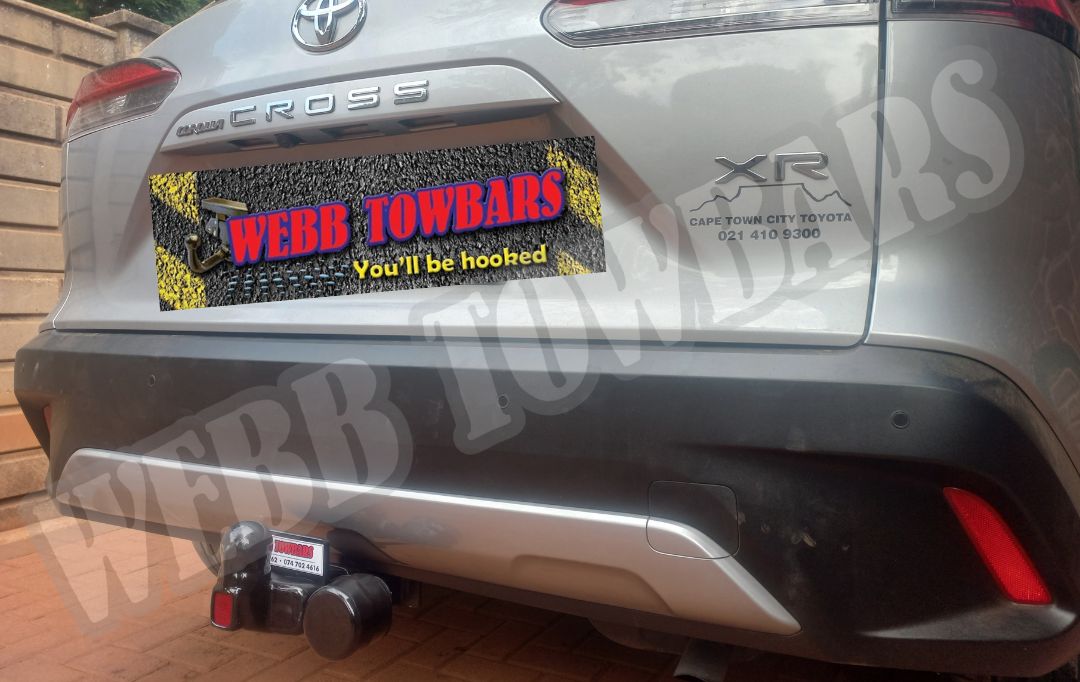 Toyota Corolla Cross fitted with a standard towbar, professionally manufactured and installed by Webb Towbars in Gauteng, South Africa for dependable towing performance.