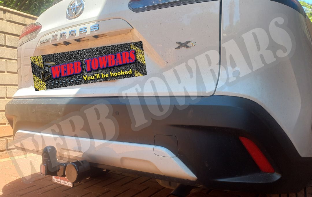 Toyota Corolla Cross equipped with a standard towbar, expertly manufactured and fitted by Webb Towbars in Gauteng, South Africa for reliable towing solutions.