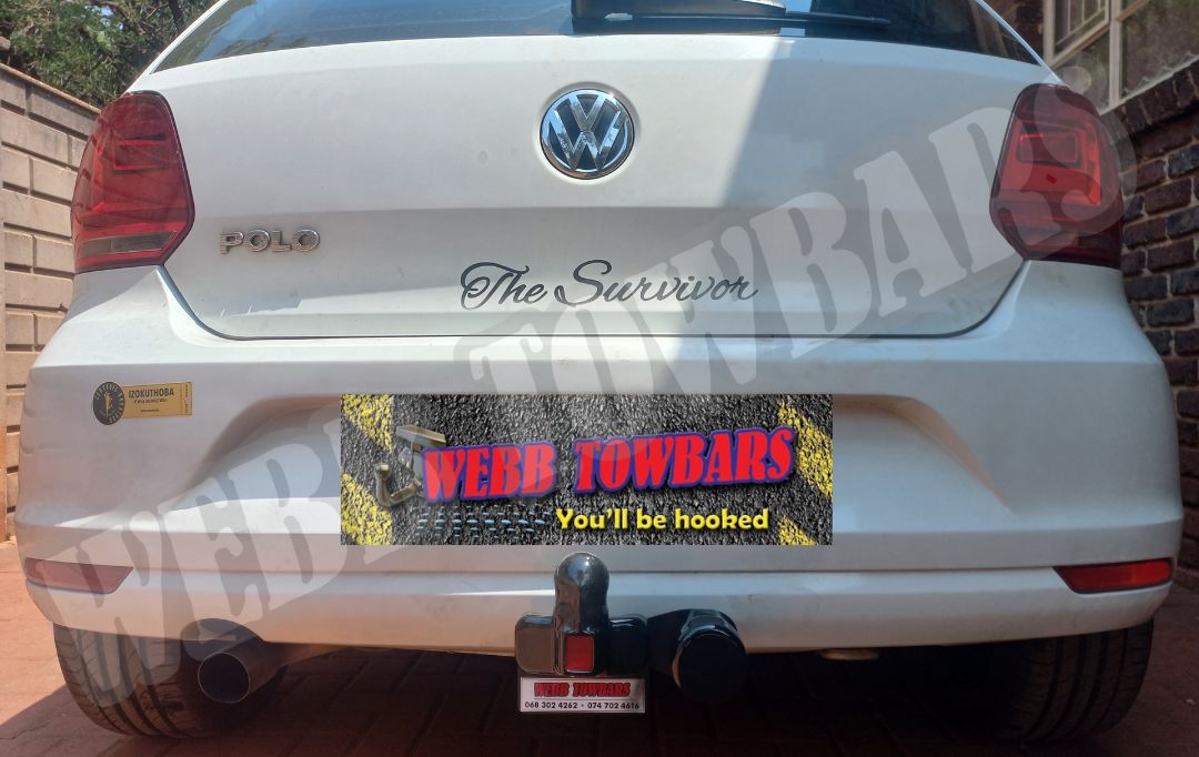 Volkswagen Polo Hatchback fitted with a standard towbar, manufactured and installed by Webb Towbars in Gauteng, South Africa for dependable towing performance.