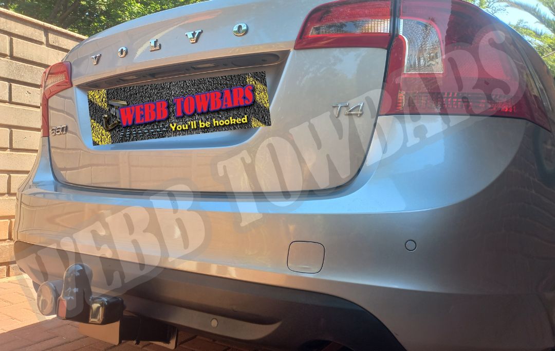 Volvo S60 T4 equipped with a standard towbar, professionally manufactured and installed by Webb Towbars in Gauteng, South Africa for reliable towing performance.