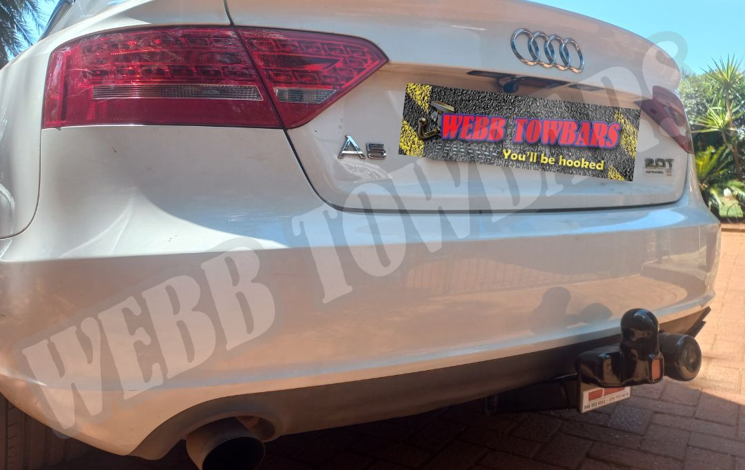 Audi A5 equipped with a premium standard towbar, expertly manufactured and installed by Webb Towbars in Gauteng, South Africa, ensuring reliable towing performance.