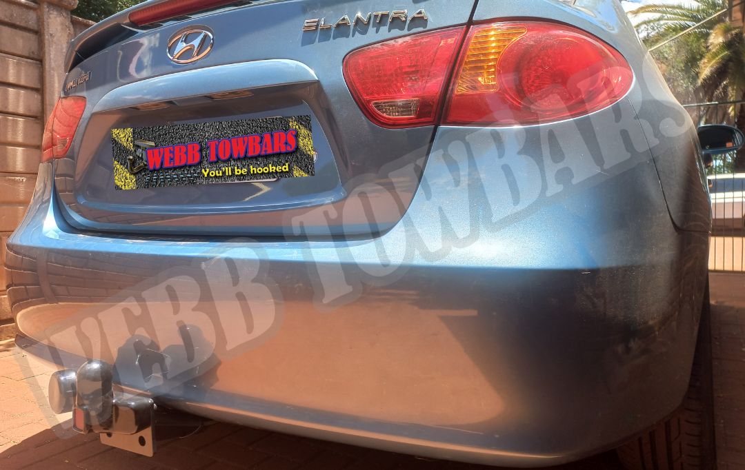 Hyundai Elantra equipped with a durable standard towbar, professionally manufactured and fitted by Webb Towbars in Gauteng, South Africa for reliable towing capabilities.