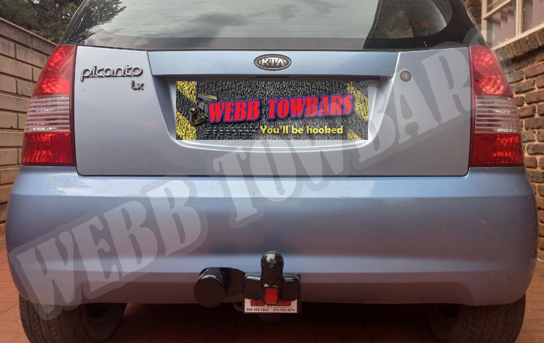 Kia Picanto equipped with a durable standard towbar, custom manufactured and professionally fitted by Webb Towbars in Gauteng, South Africa for reliable towing performance.