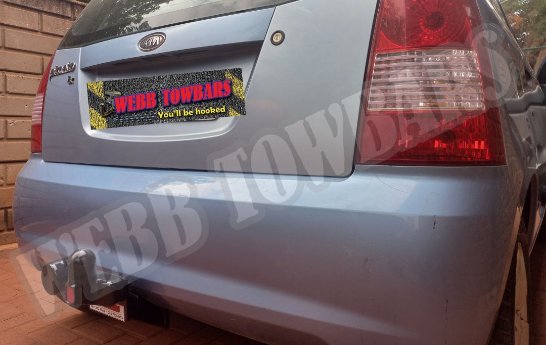 Kia Picanto equipped with a durable standard towbar, custom manufactured and professionally fitted by Webb Towbars in Gauteng, South Africa for reliable towing performance.