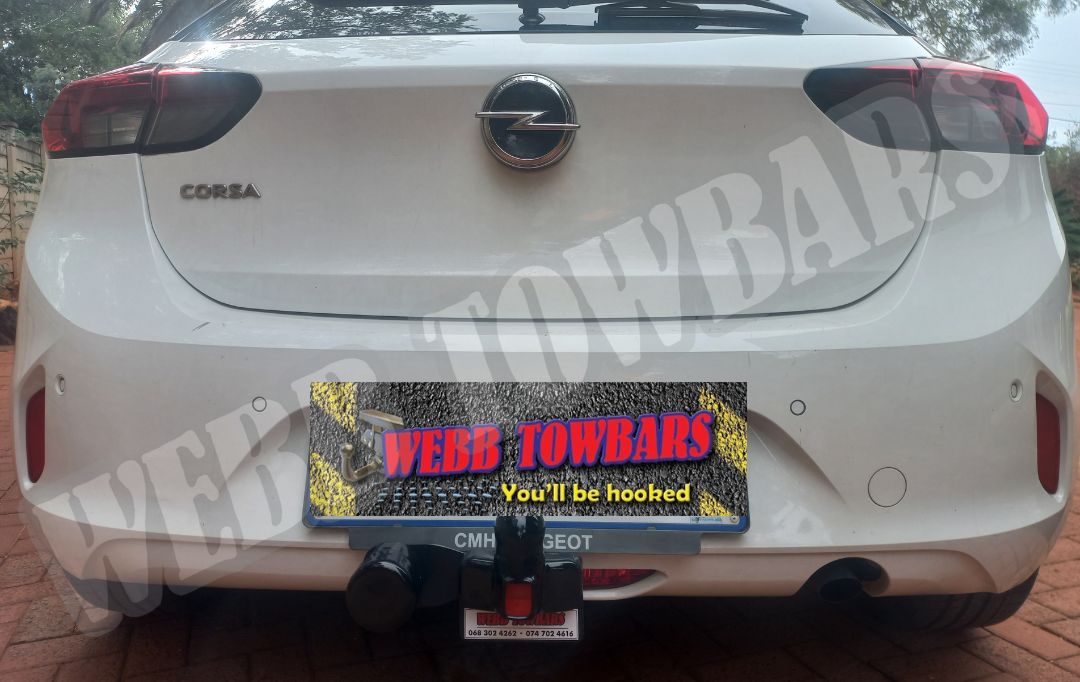 Opel Corsa equipped with a premium standard towbar, expertly manufactured and installed by Webb Towbars in Gauteng, South Africa, ensuring reliable towing performance.