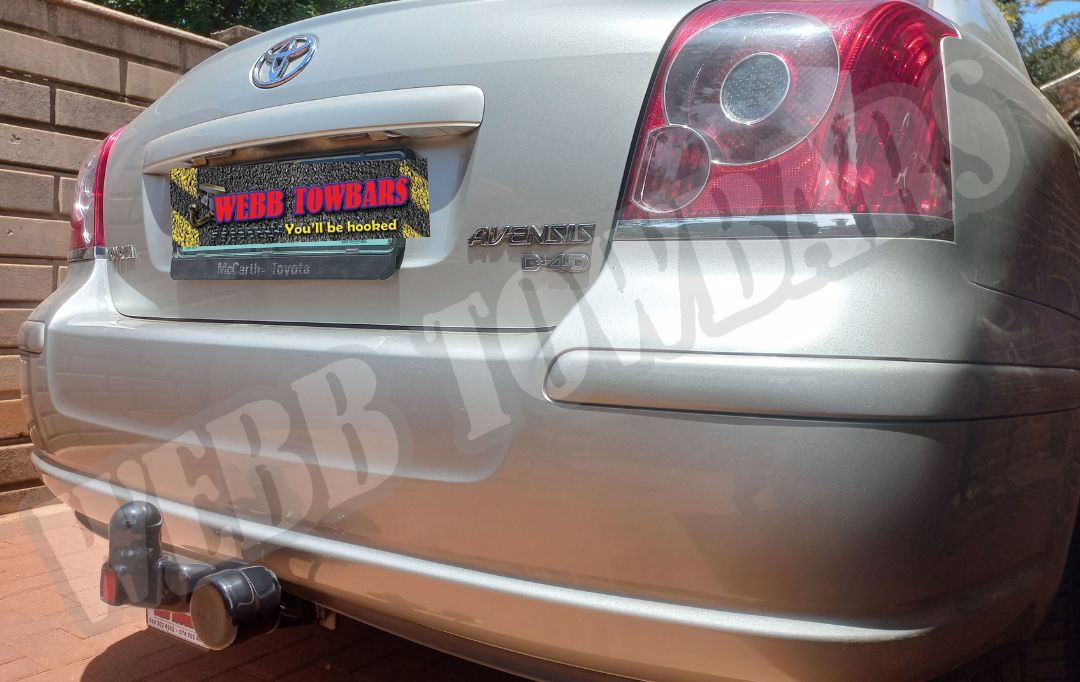 Toyota Avensis equipped with a standard towbar, manufactured and installed by Webb Towbars in Gauteng, South Africa for reliable towing performance.