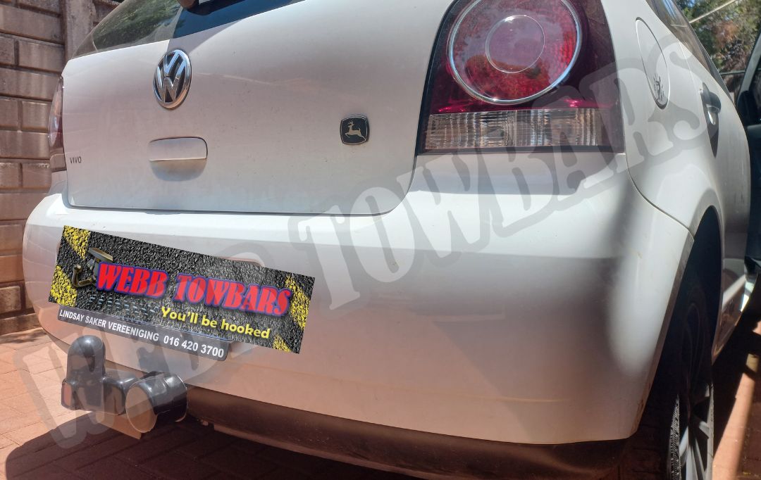 Volkswagen Polo Vivo Hatchback featuring a durable standard towbar, professionally manufactured and fitted by Webb Towbars in Gauteng, South Africa, for dependable towing solutions.