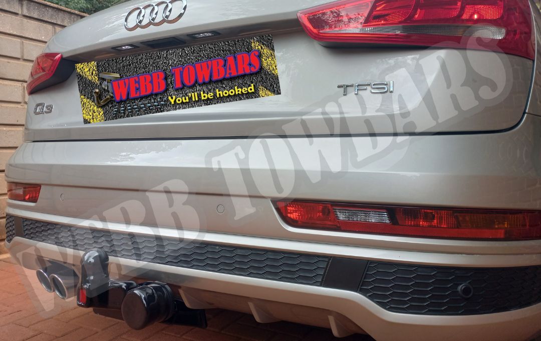 Audi Q3 fitted with a durable standard towbar, professionally manufactured and installed by Webb Towbars in Gauteng, South Africa, ensuring superior towing capability.