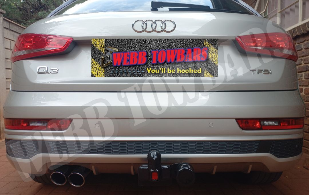 Audi Q3 fitted with a durable standard towbar, professionally manufactured and installed by Webb Towbars in Gauteng, South Africa, ensuring superior towing capability.