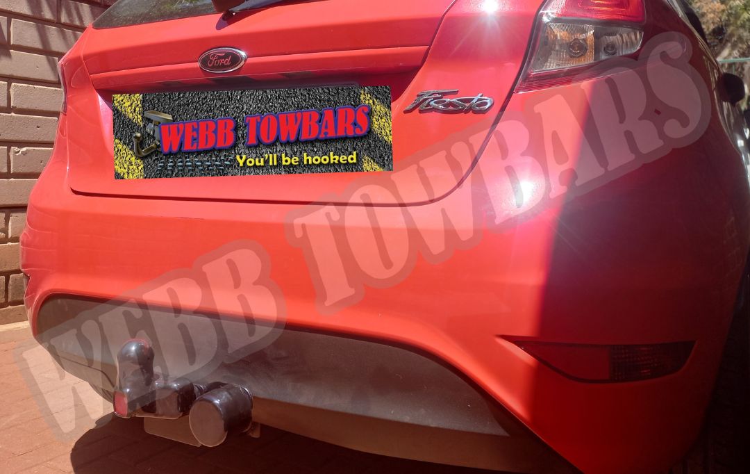 Ford Fiesta featuring a durable standard towbar, professionally manufactured and fitted by Webb Towbars in Gauteng, South Africa, ensuring reliable towing capability.