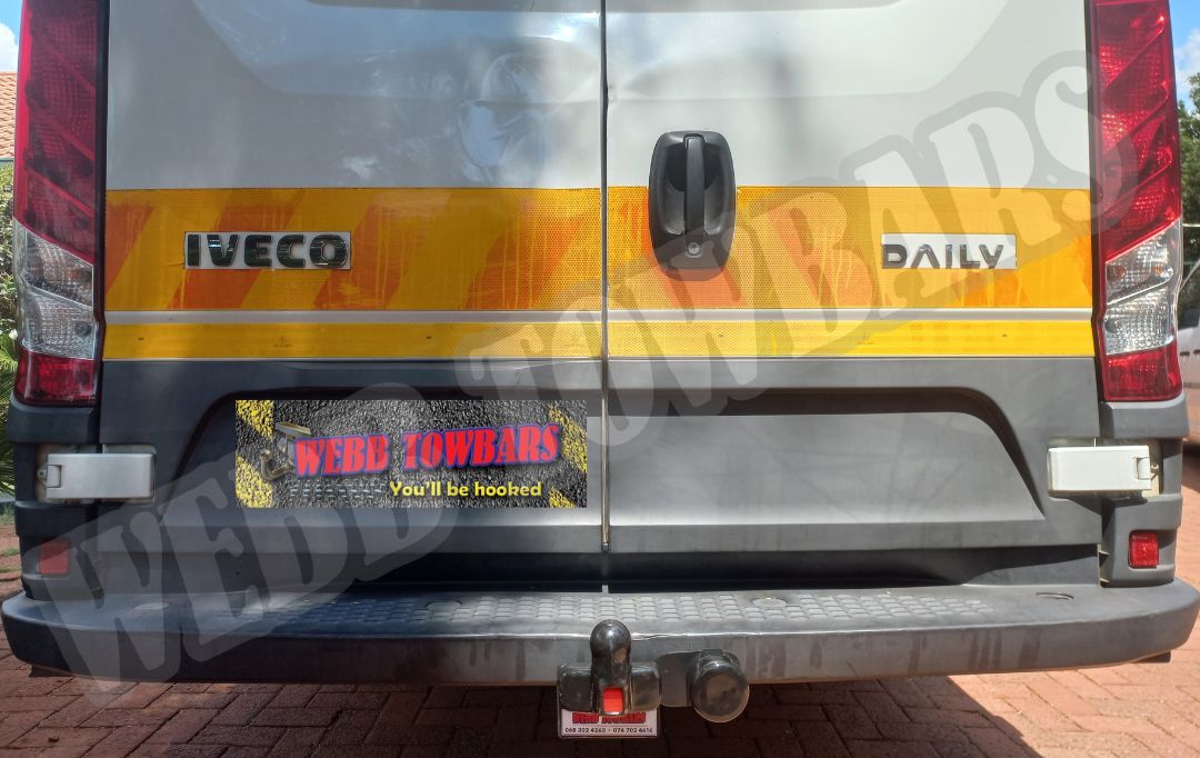 Iveco Daily fitted with a durable standard towbar, professionally manufactured and installed by Webb Towbars in Gauteng, South Africa, ensuring reliable towing capabilities.