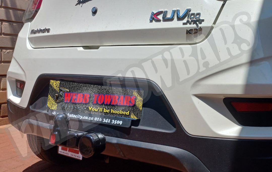 Mahindra KUV100 K2+ equipped with a robust standard towbar, expertly manufactured and installed by Webb Towbars in Gauteng, South Africa – quality towing performance.