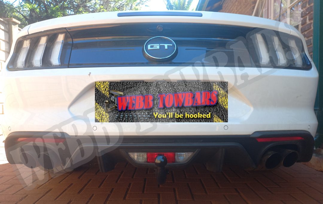 Ford Mustang fitted with a detachable gooseneck towbar by Webb Towbars in Gauteng, South Africa – custom-engineered for sleek performance and reliable towing.