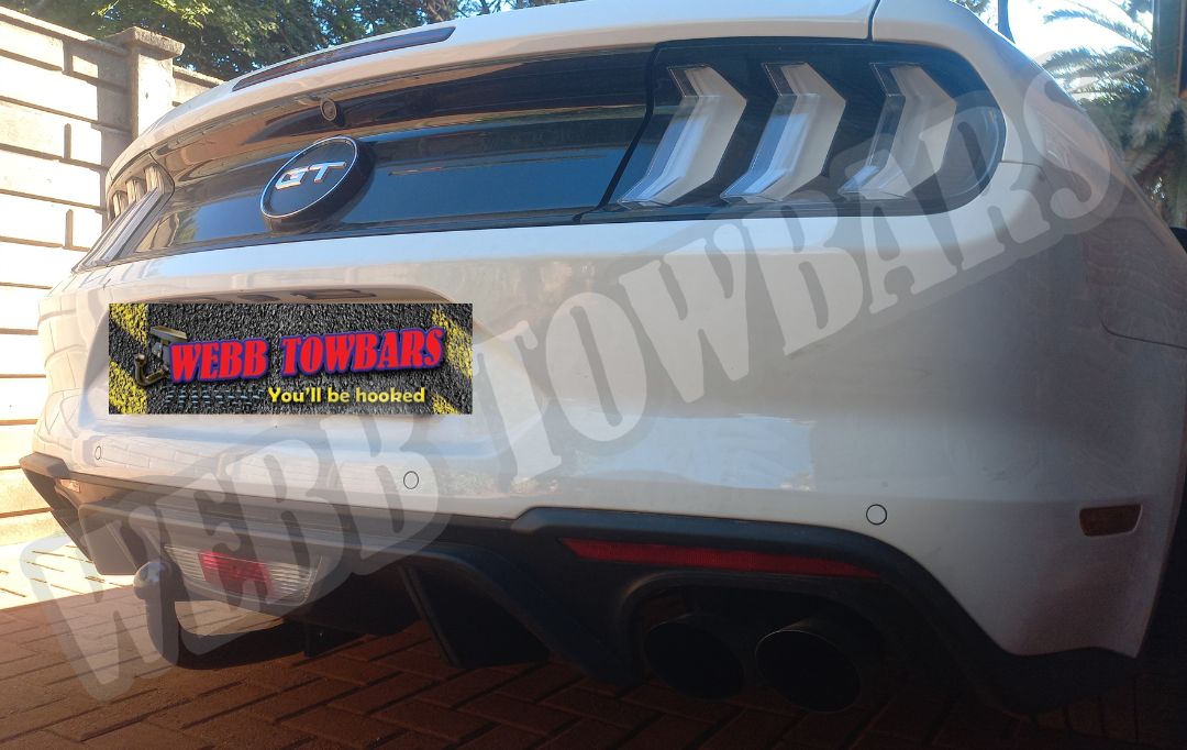 Ford Mustang fitted with a detachable gooseneck towbar by Webb Towbars in Gauteng, South Africa – custom-engineered for sleek performance and reliable towing.